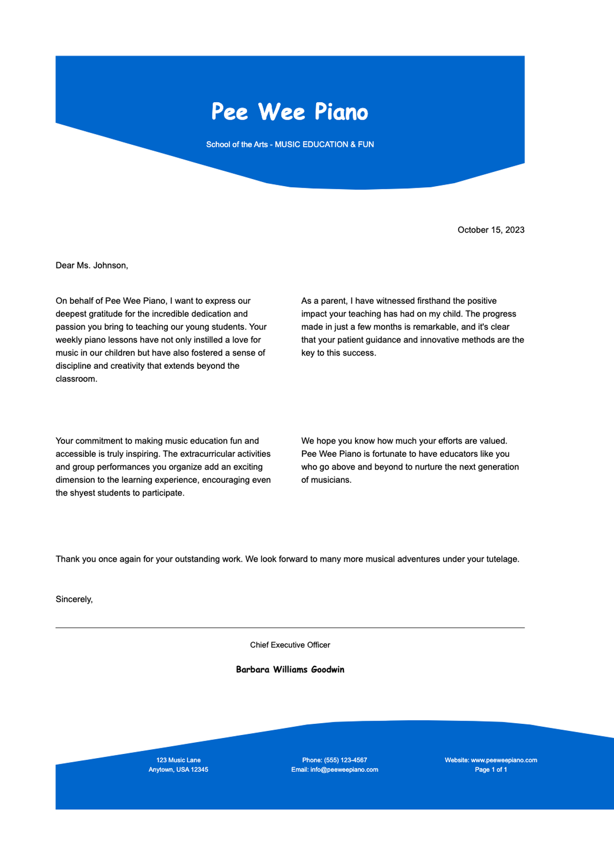 Formal private piano lesson program policy letter from Pee Wee Piano School_variant_2